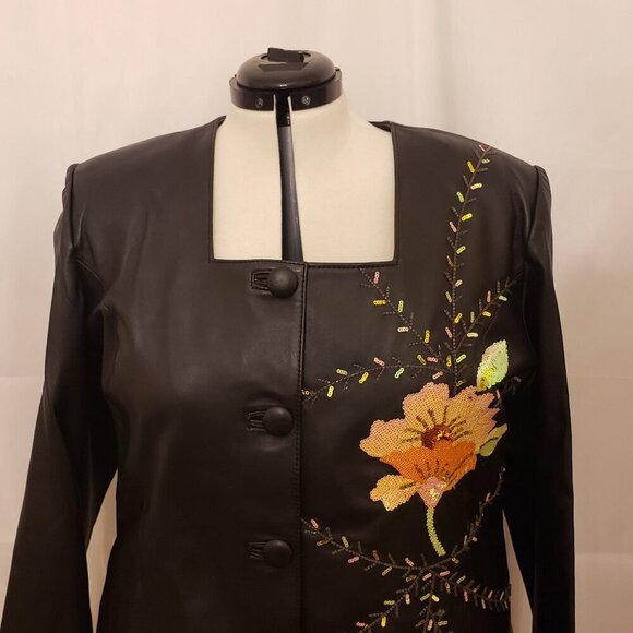 Darshi Women's 2-pc Black Leather Suit with Embroidered Jacket and Skirt, SZ 22 - Picture 3 of 14